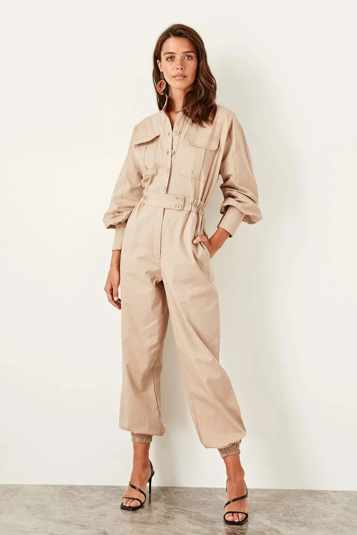 13650 Beige Button Detail Jumpsuit
