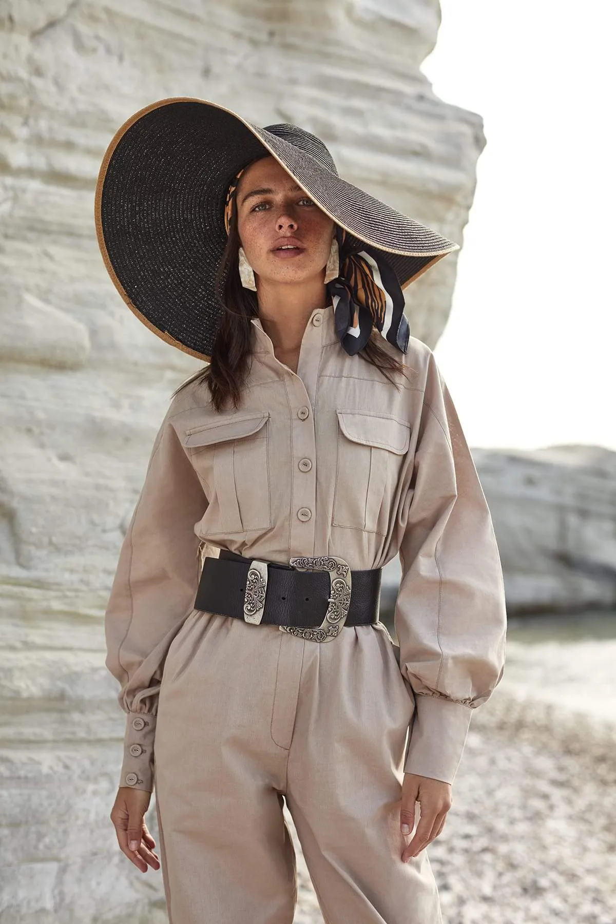 13650 Beige Button Detail Jumpsuit