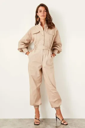 13650 Beige Button Detail Jumpsuit