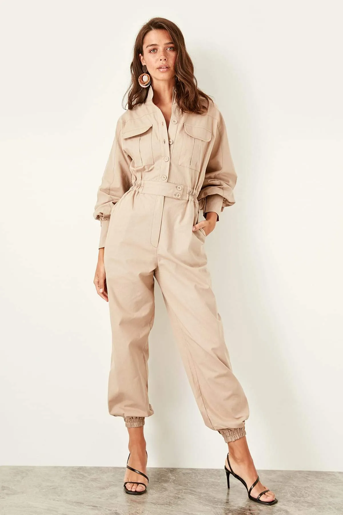 13650 Beige Button Detail Jumpsuit