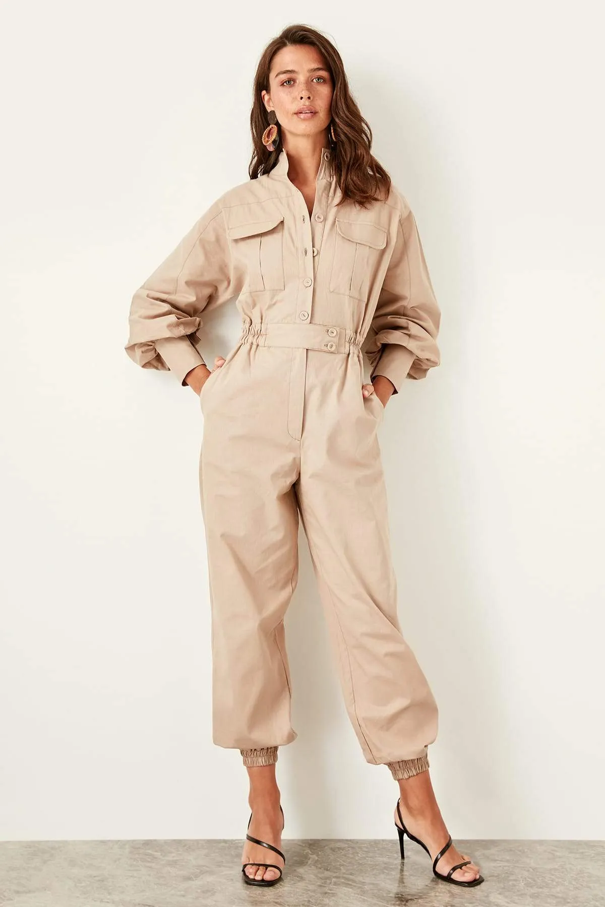 13650 Beige Button Detail Jumpsuit