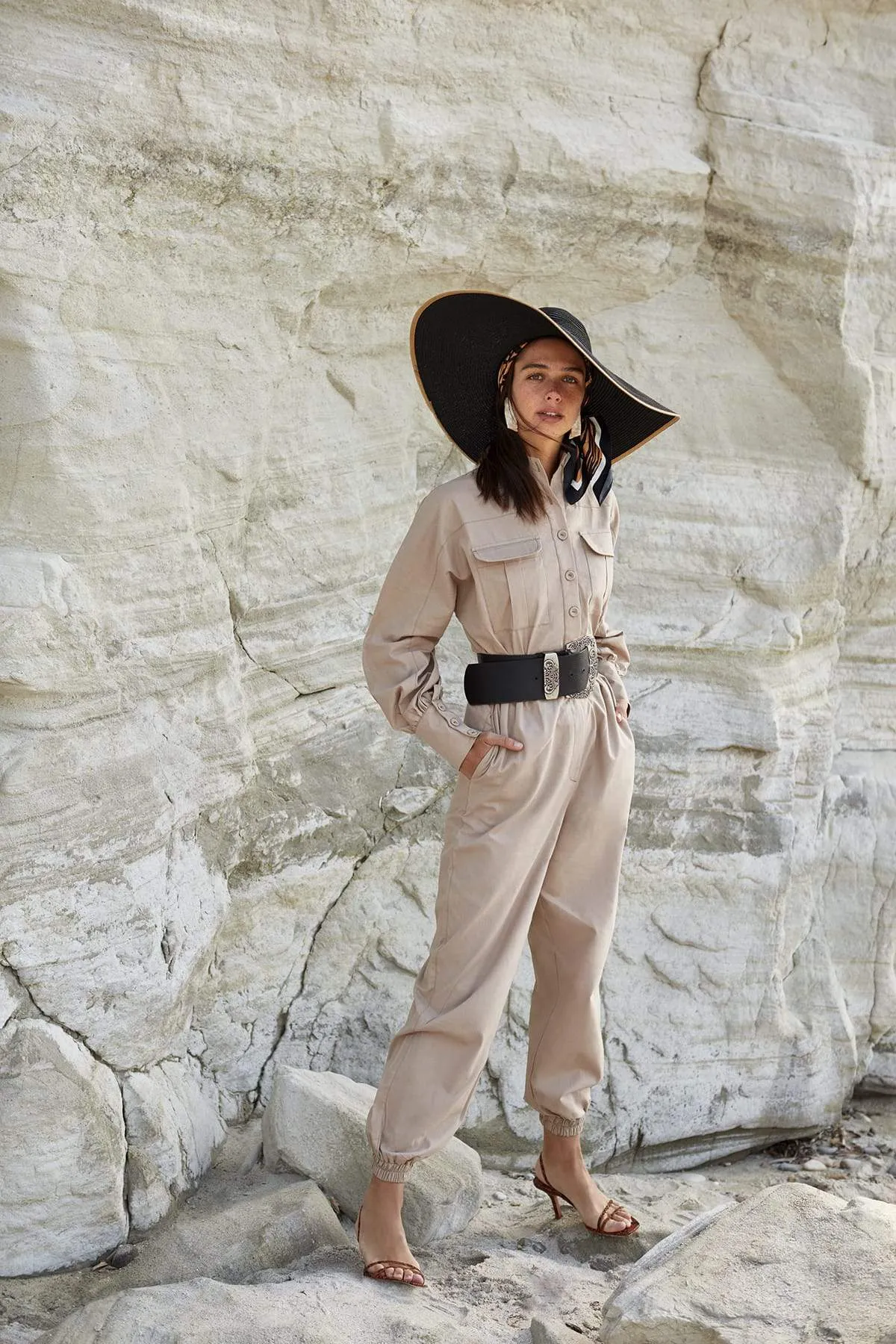13650 Beige Button Detail Jumpsuit