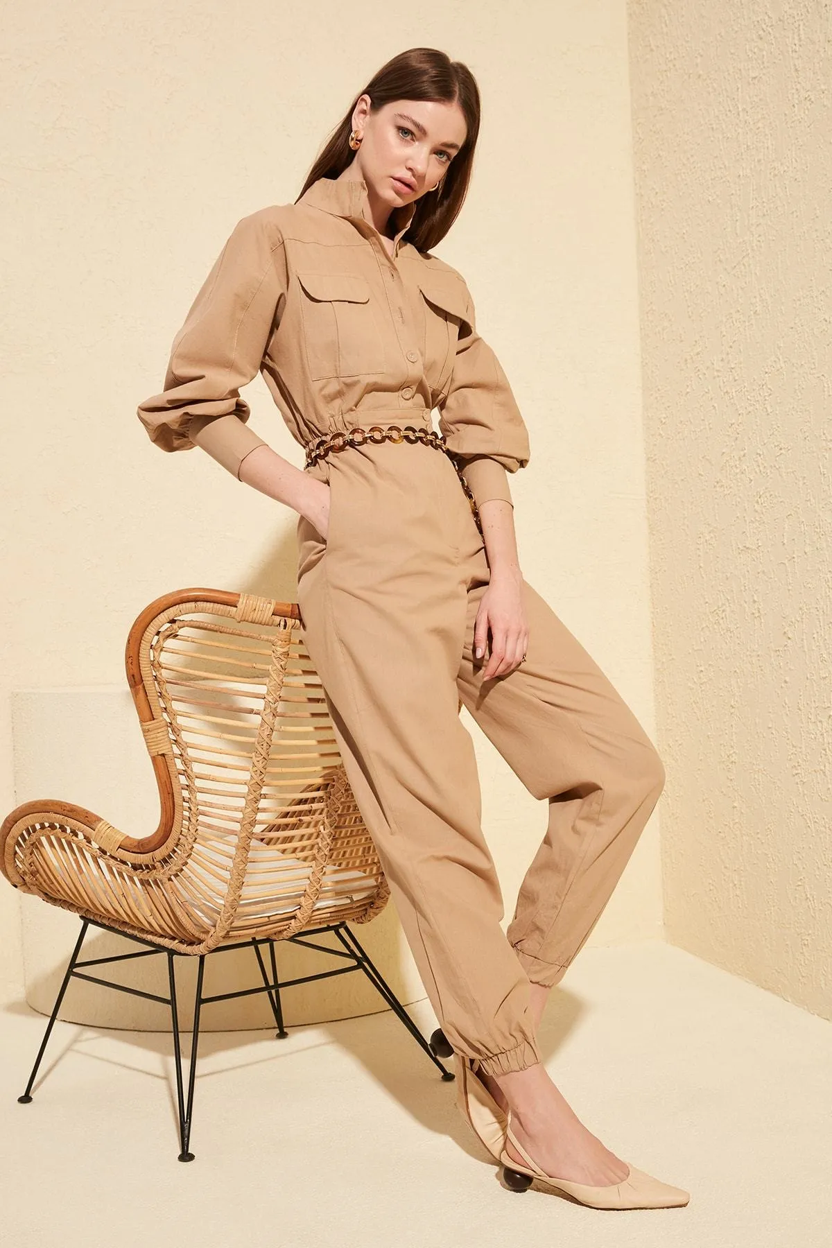 16092 Beige Buttoned Jumpsuit