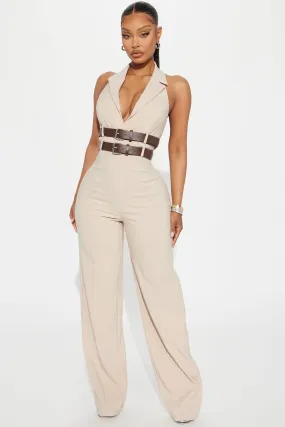 At The Office Belted Jumpsuit - Beige