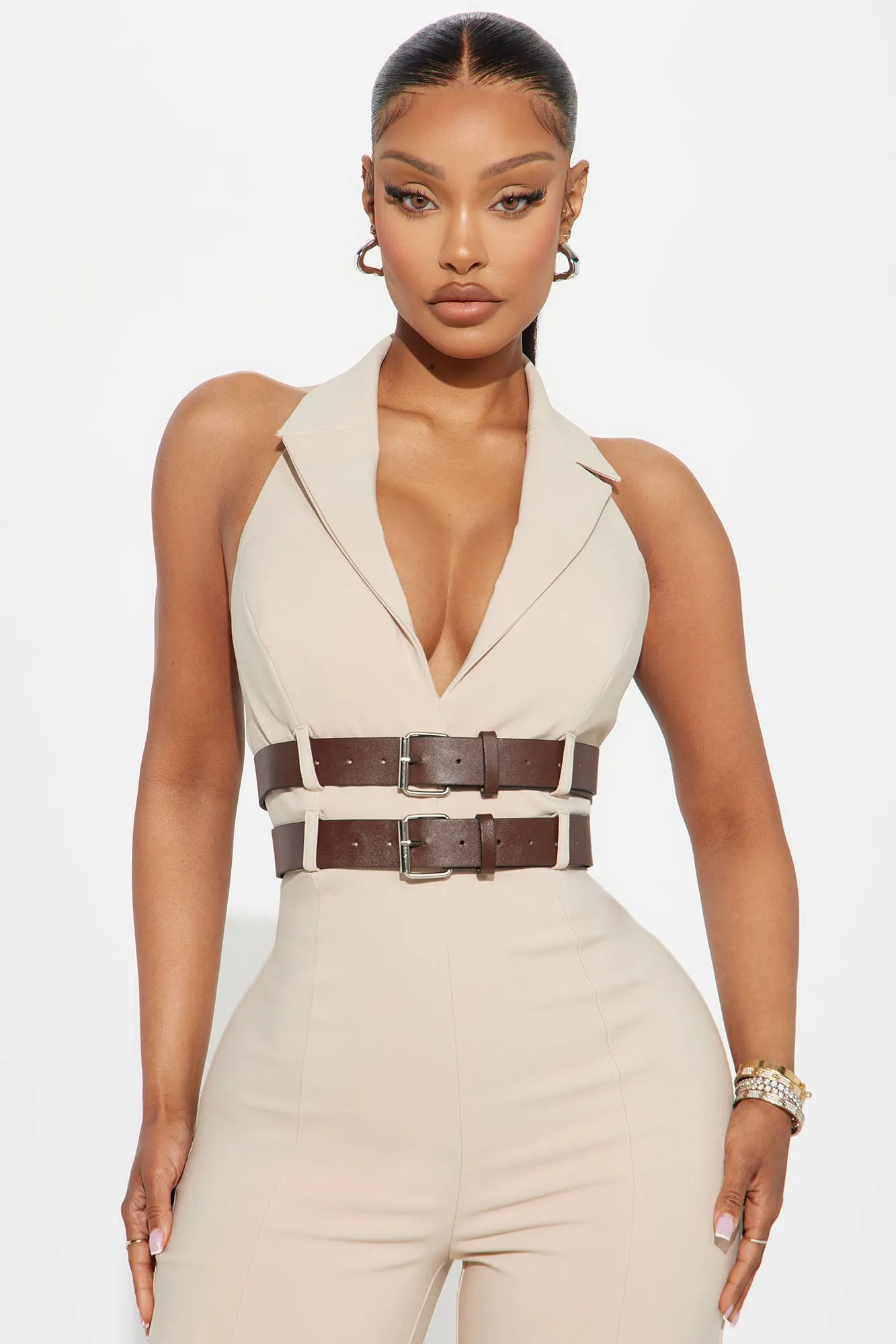 At The Office Belted Jumpsuit - Beige