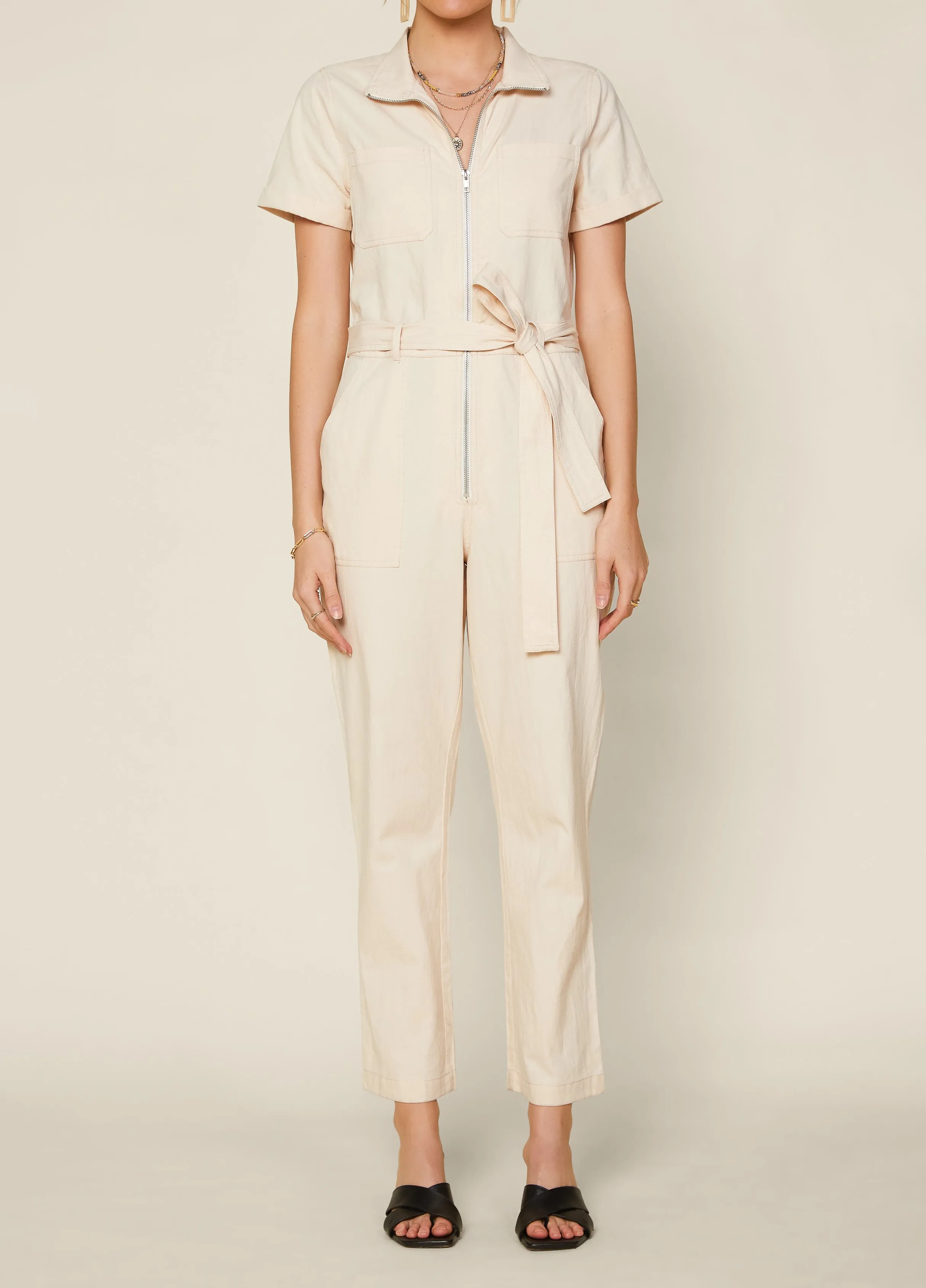 Beige Front Zipper Utility Jumpsuit