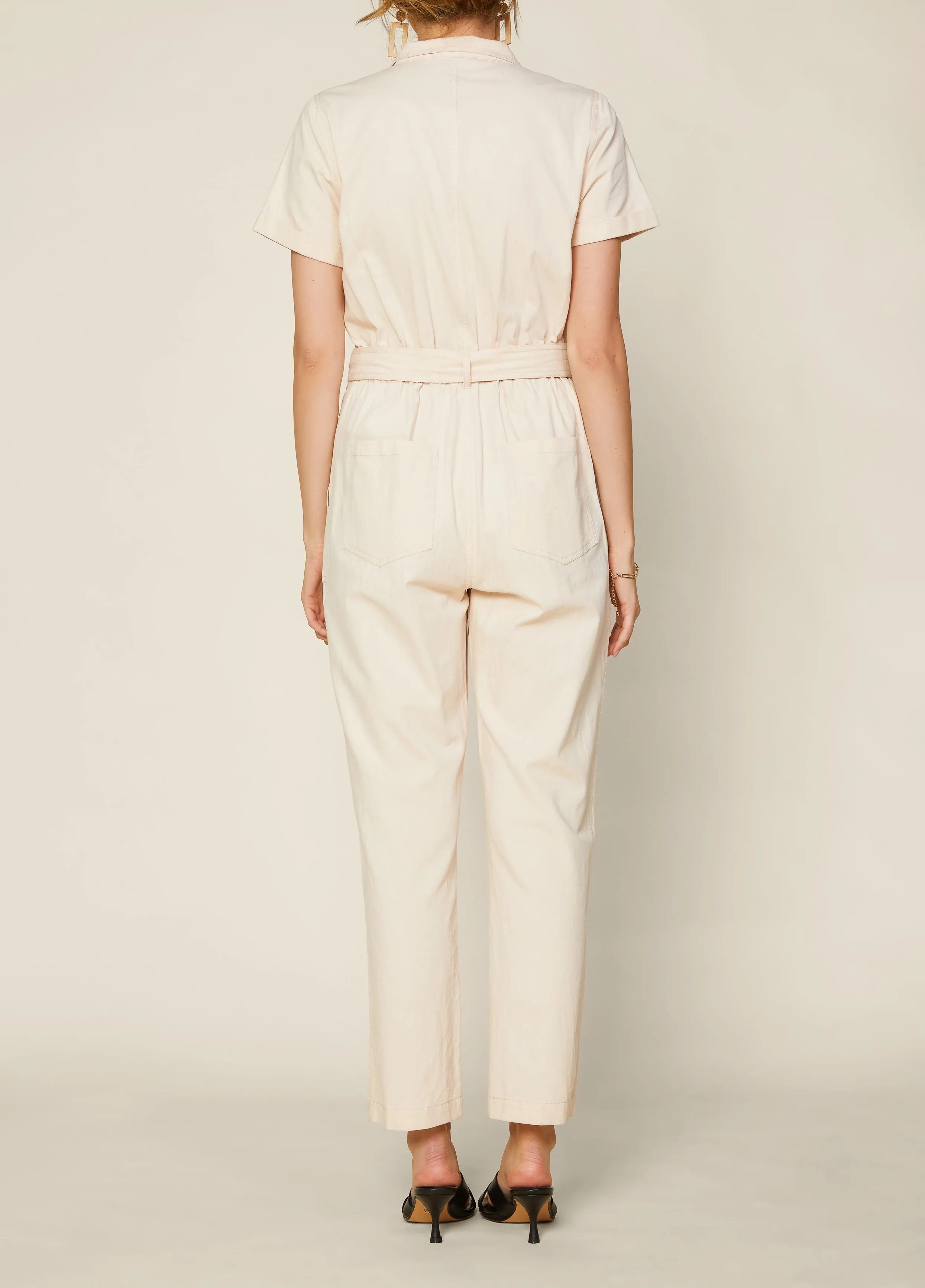Beige Front Zipper Utility Jumpsuit