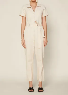 Beige Front Zipper Utility Jumpsuit