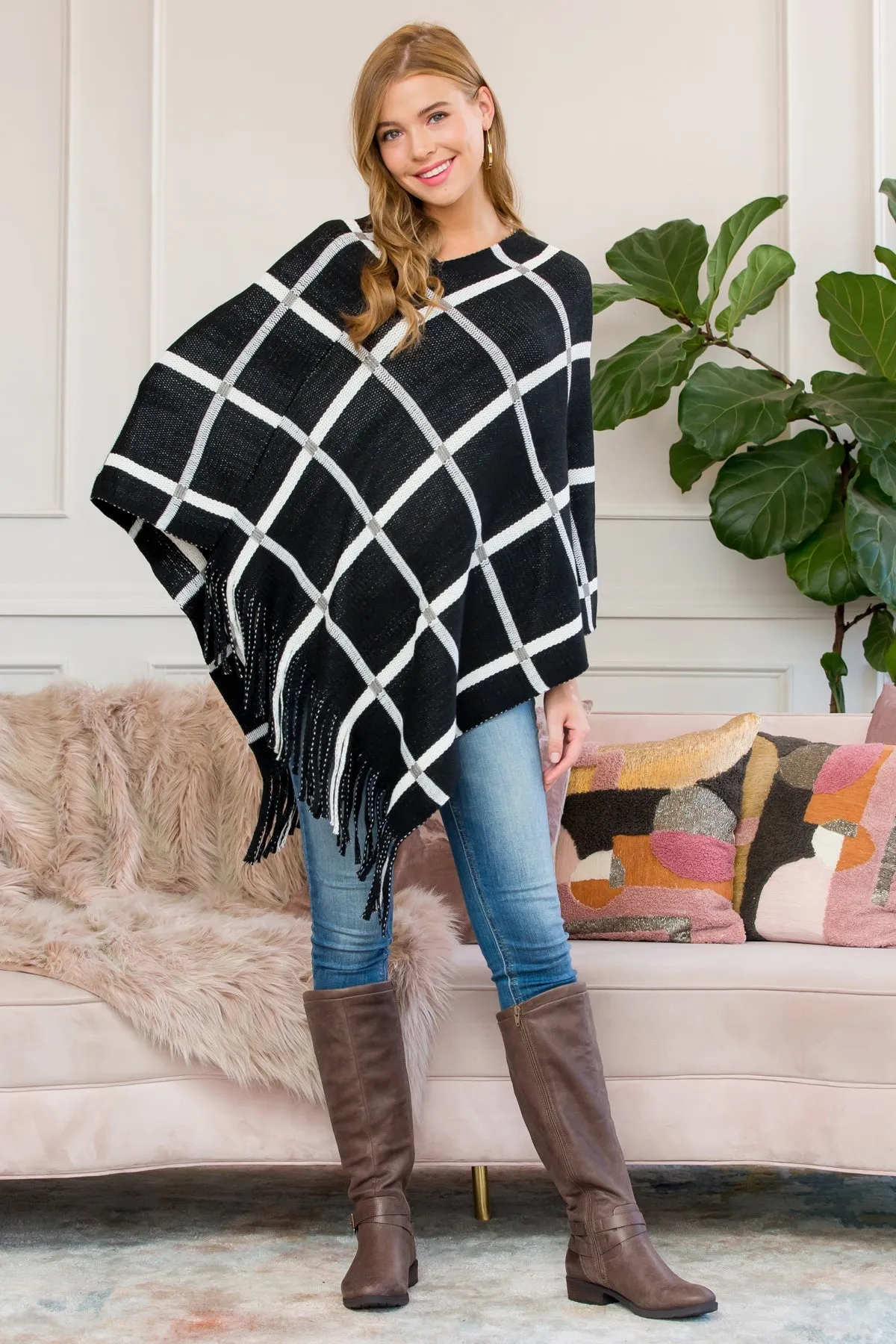 BLACK GRIDLINES FRINGED PONCHO/6PCS(NOW $4.25 ONLY!)