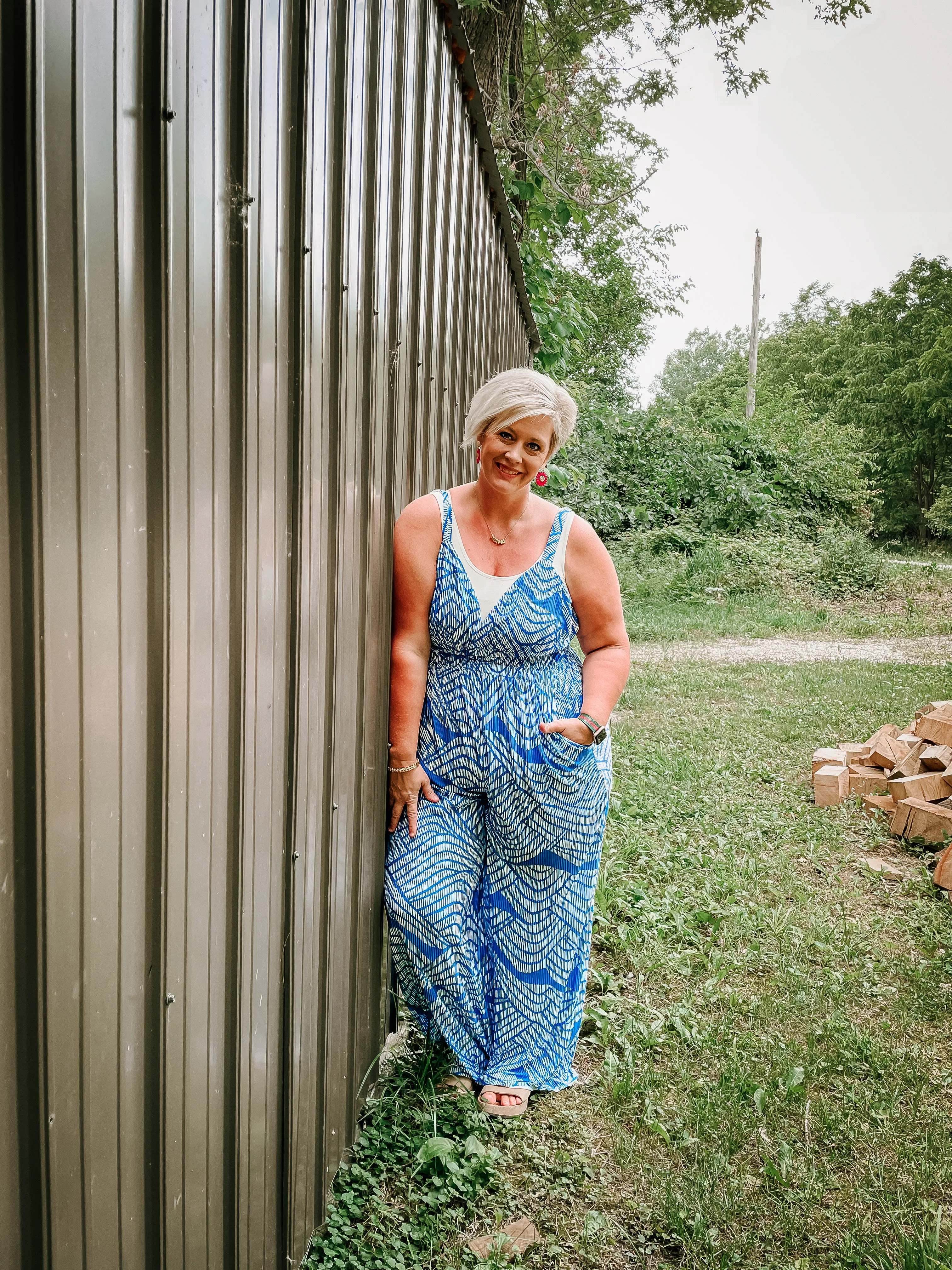 Blue Printed Pleated Wide Leg Jumpsuit