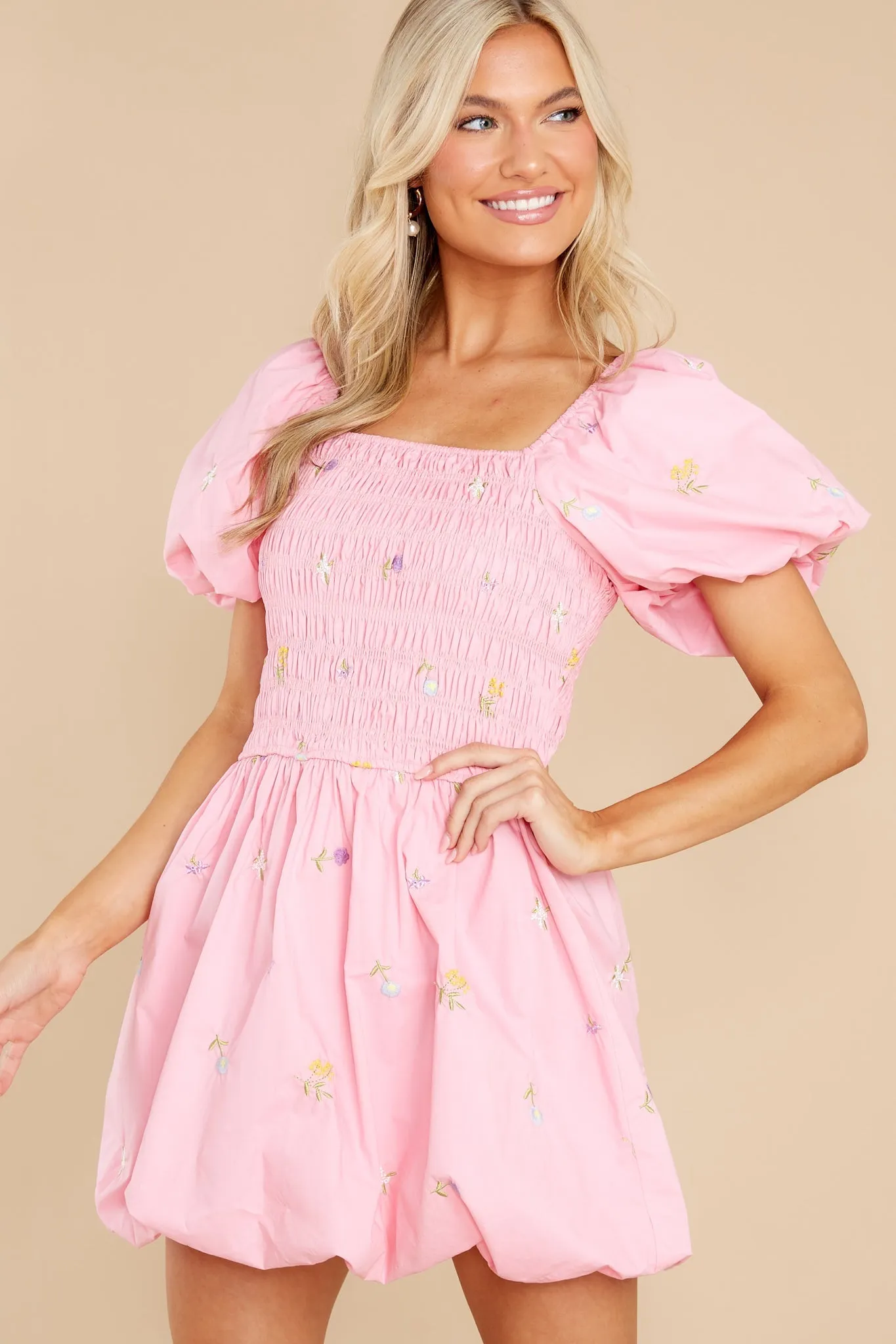 Botanical Cutie Pink Embroidered Puff Sleeve Dress