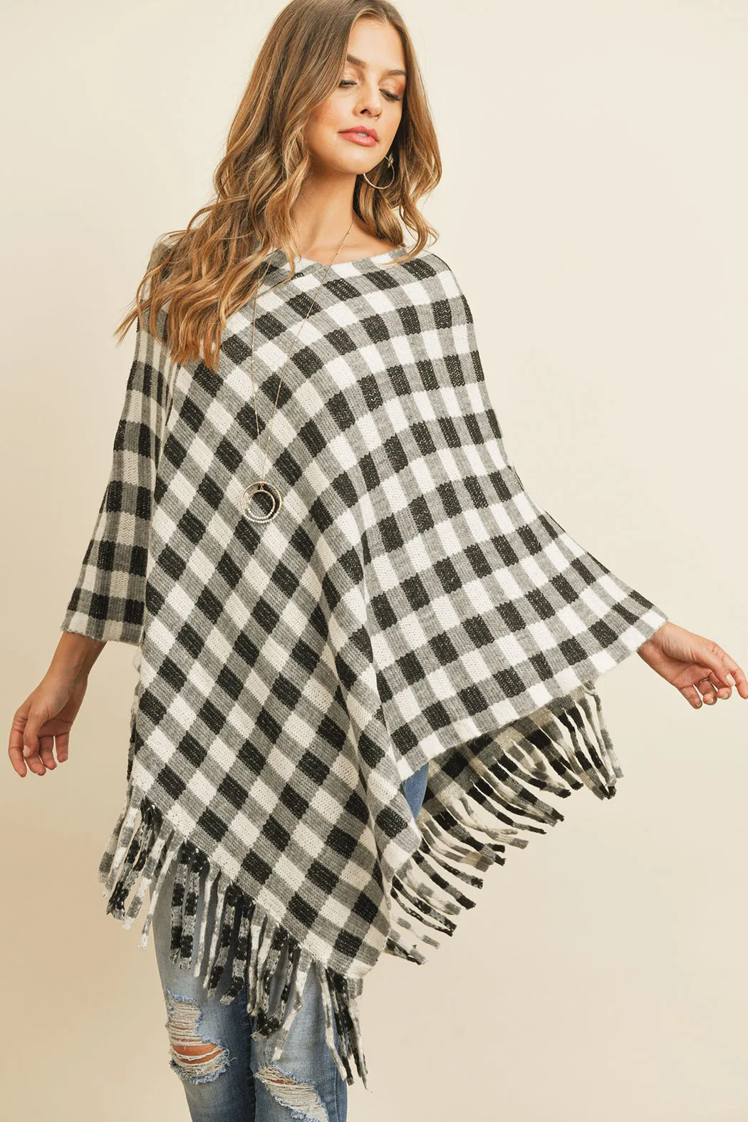 BUFFALO PLAID FRINGE PONCHO/6PCS (NOW $7.50 ONLY!)
