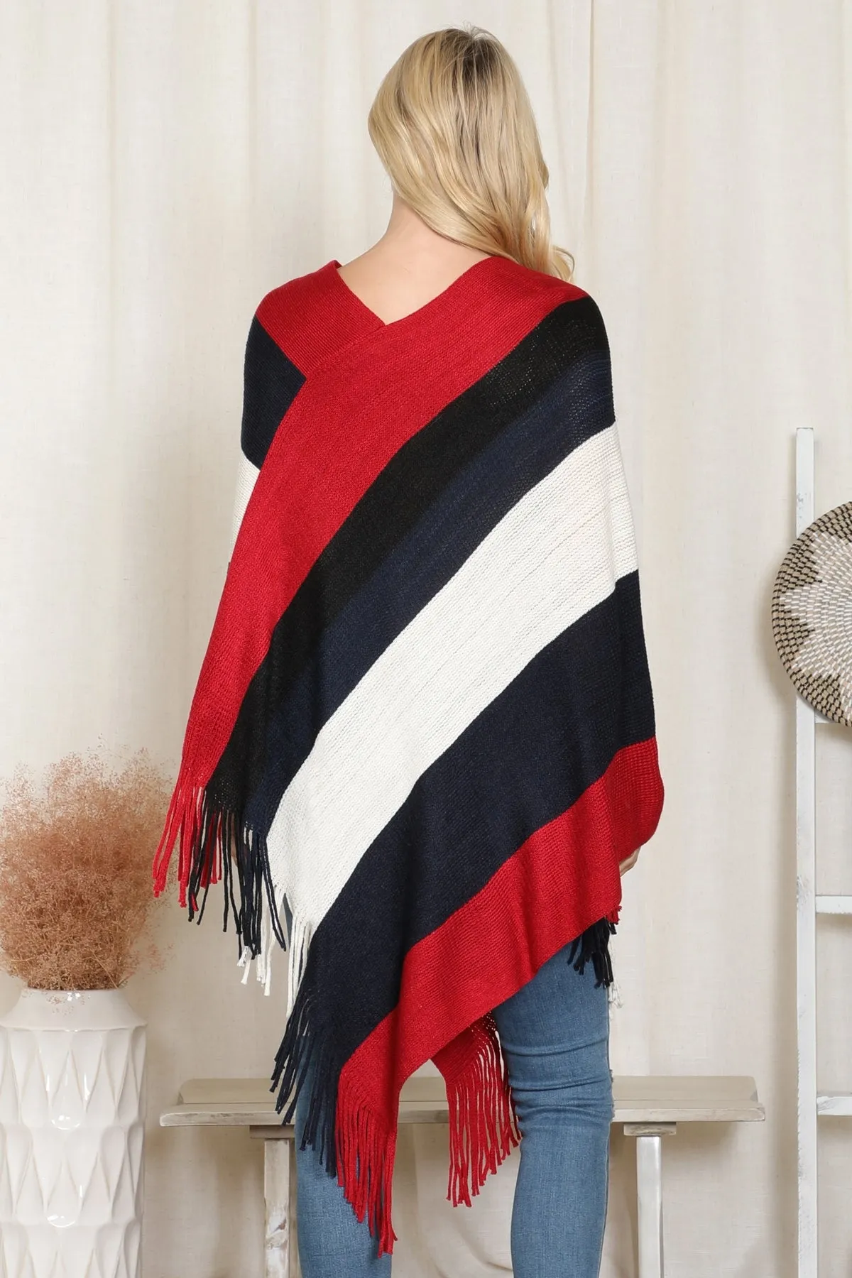 COLOR BLOCK FRINGE PONCHO/6PCS