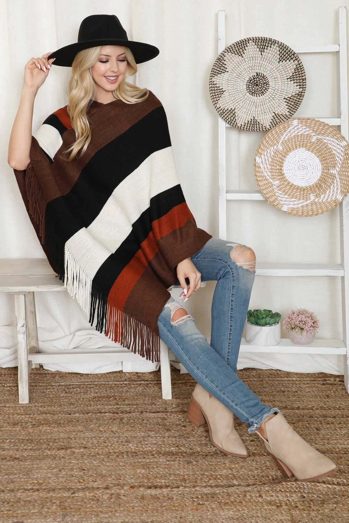 COLOR BLOCK FRINGE PONCHO/6PCS