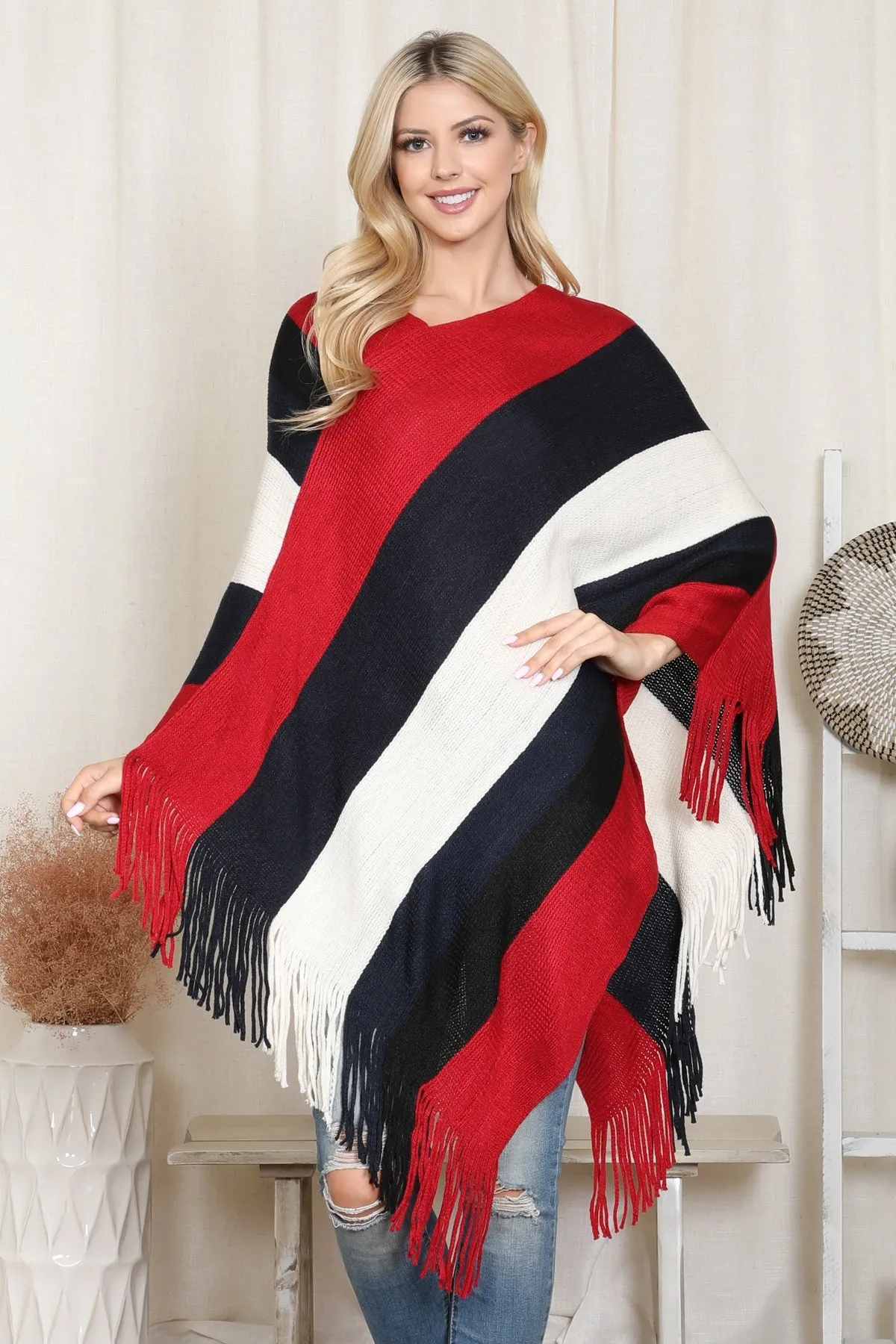 COLOR BLOCK FRINGE PONCHO/6PCS