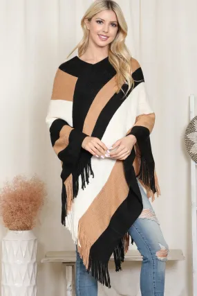 COLOR BLOCK FRINGE PONCHO/6PCS