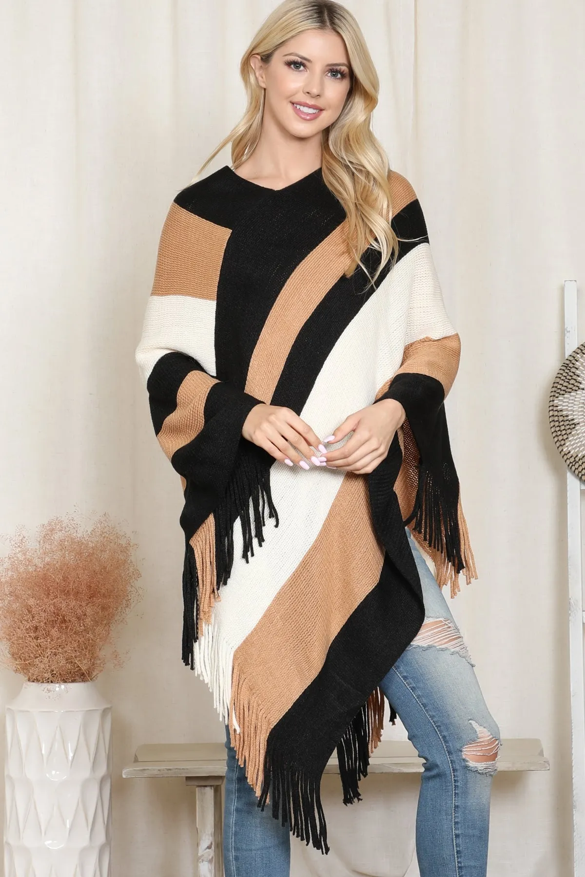 COLOR BLOCK FRINGE PONCHO/6PCS