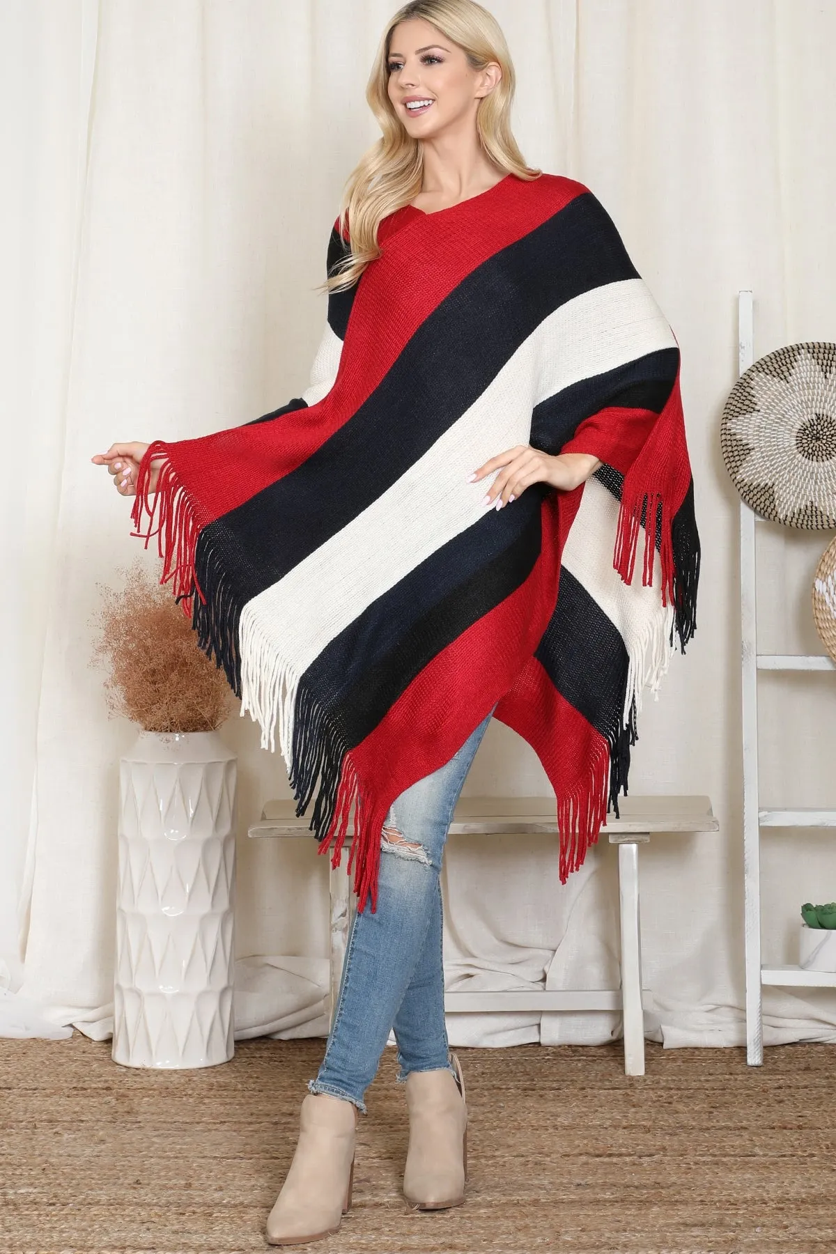 COLOR BLOCK FRINGE PONCHO/6PCS