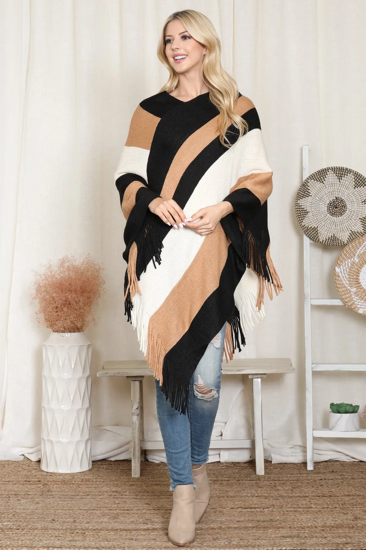 COLOR BLOCK FRINGE PONCHO/6PCS