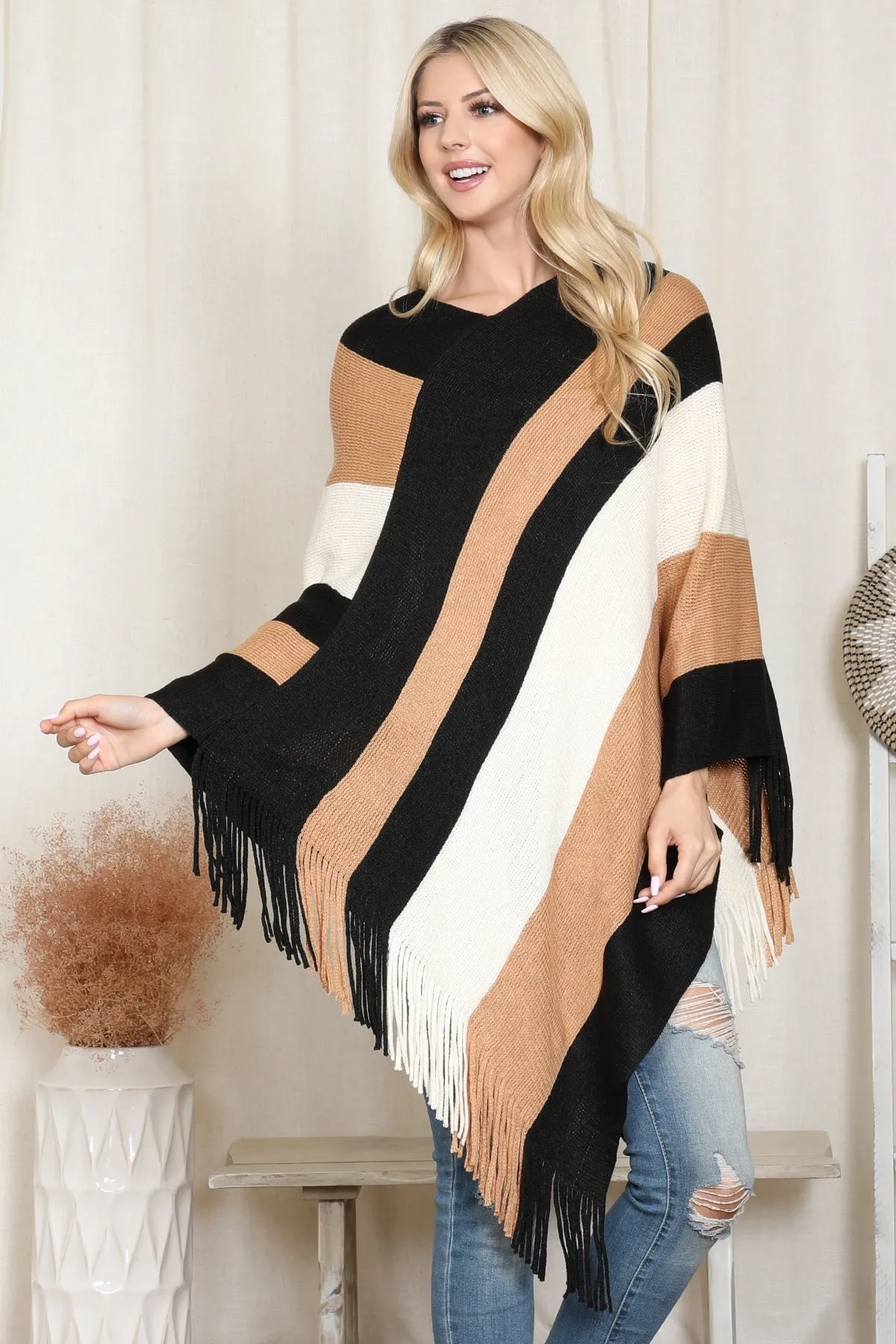 COLOR BLOCK FRINGE PONCHO/6PCS