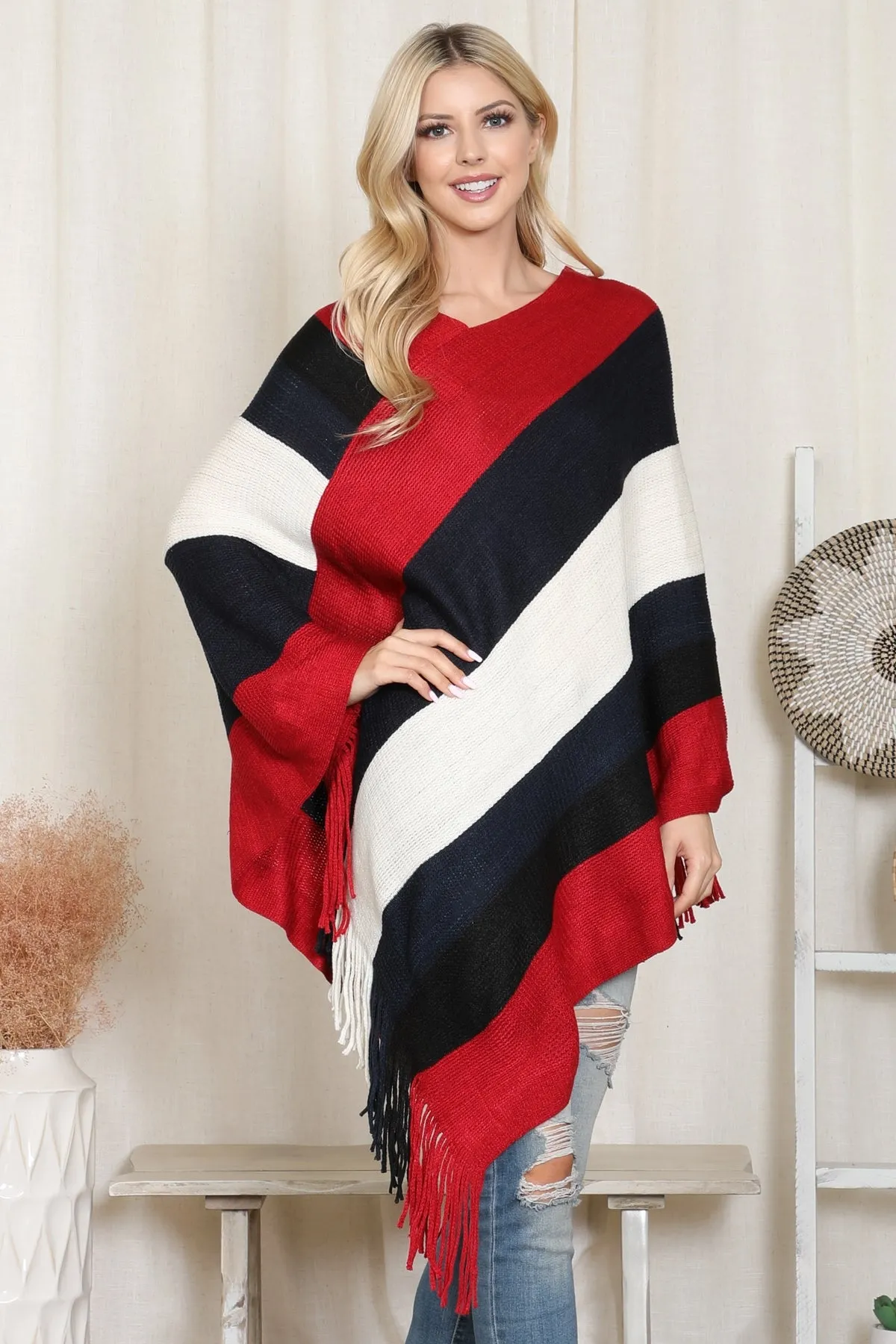 COLOR BLOCK FRINGE PONCHO/6PCS