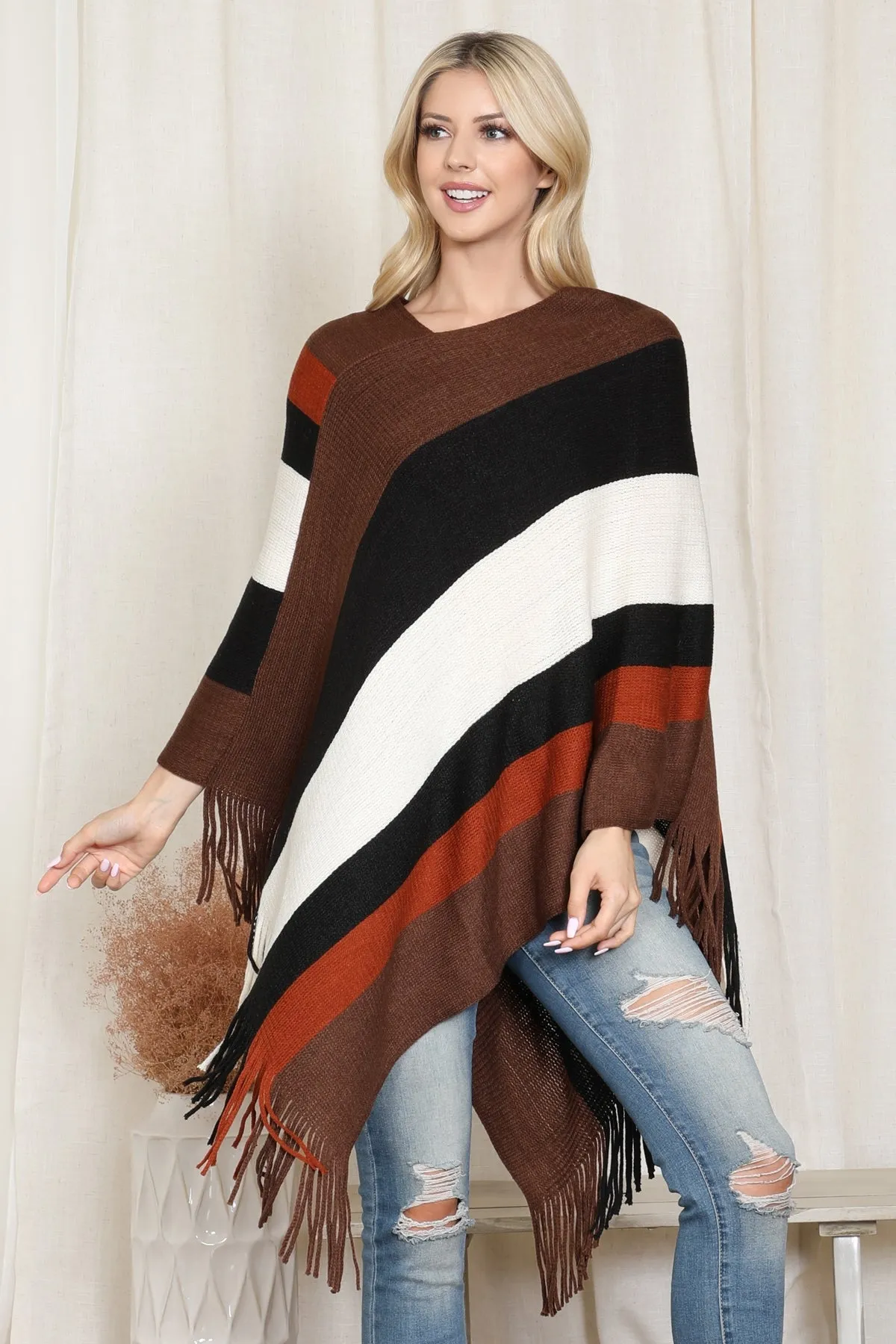 COLOR BLOCK FRINGE PONCHO/6PCS