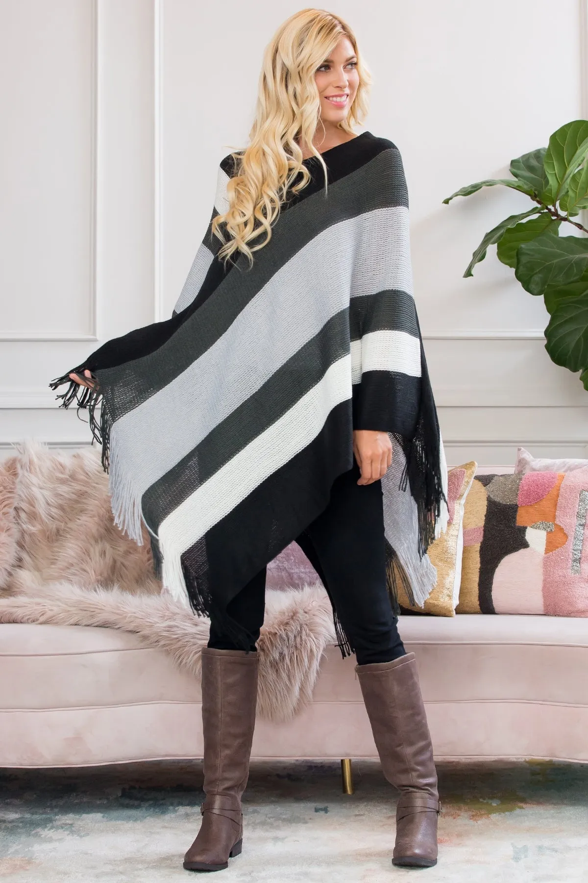 COLOR BLOCK FRINGE PONCHO/6PCS