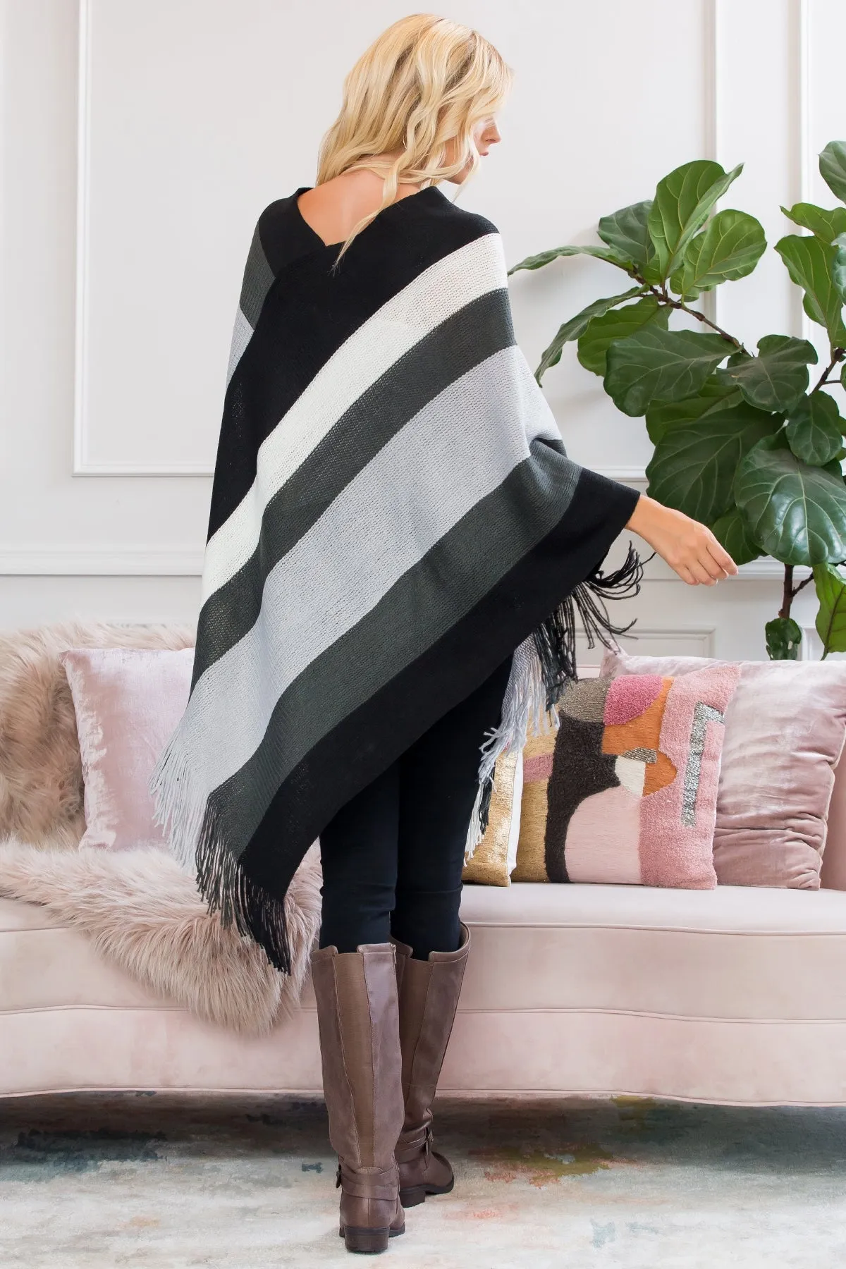 COLOR BLOCK FRINGE PONCHO/6PCS