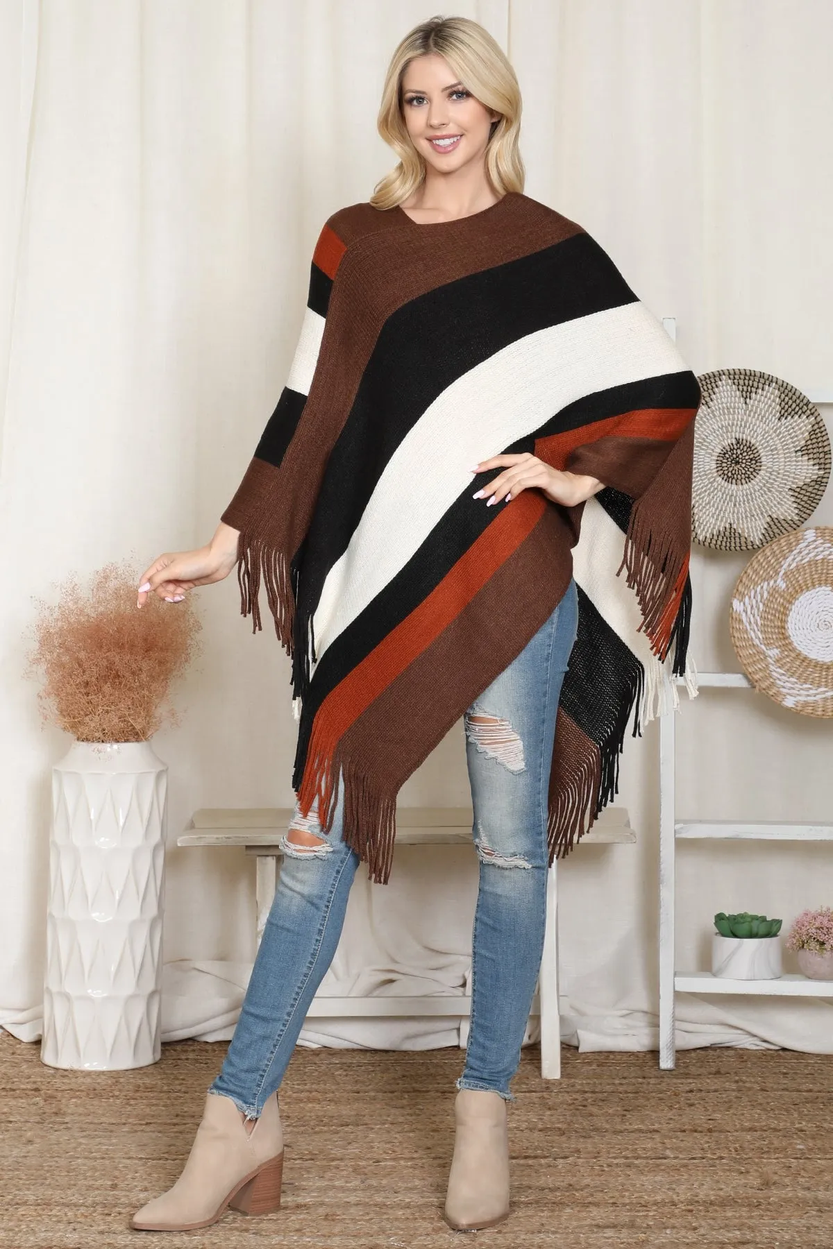 COLOR BLOCK FRINGE PONCHO/6PCS