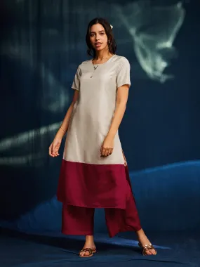 Colour Block Silk Blend Straight Kurta Set - White & Pink
