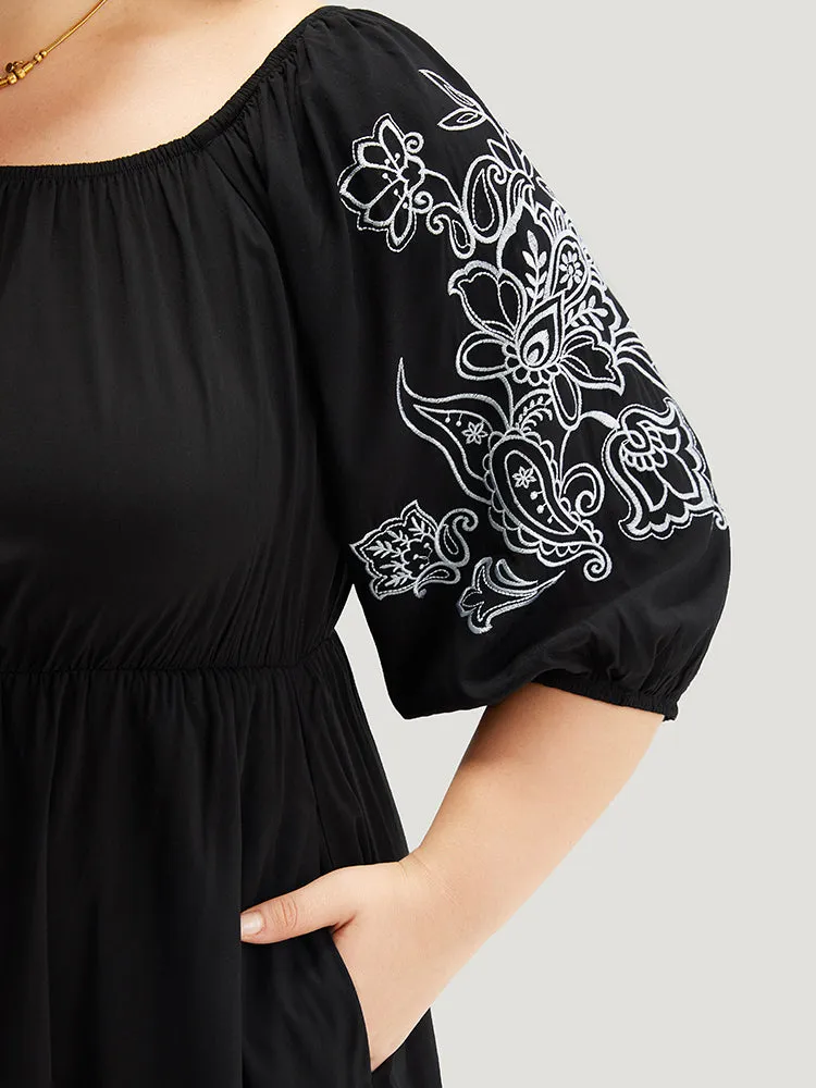 Floral Embroidered Pocket Square Neck Lantern Sleeve Dress