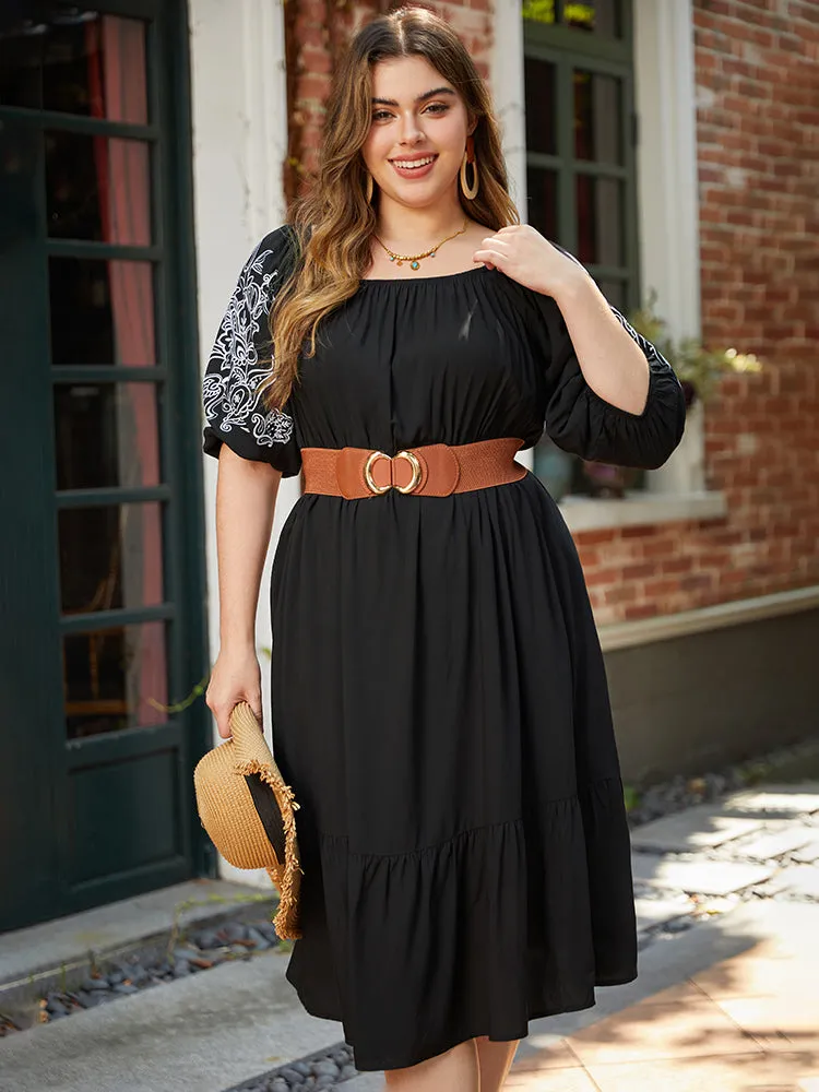 Floral Embroidered Pocket Square Neck Lantern Sleeve Dress