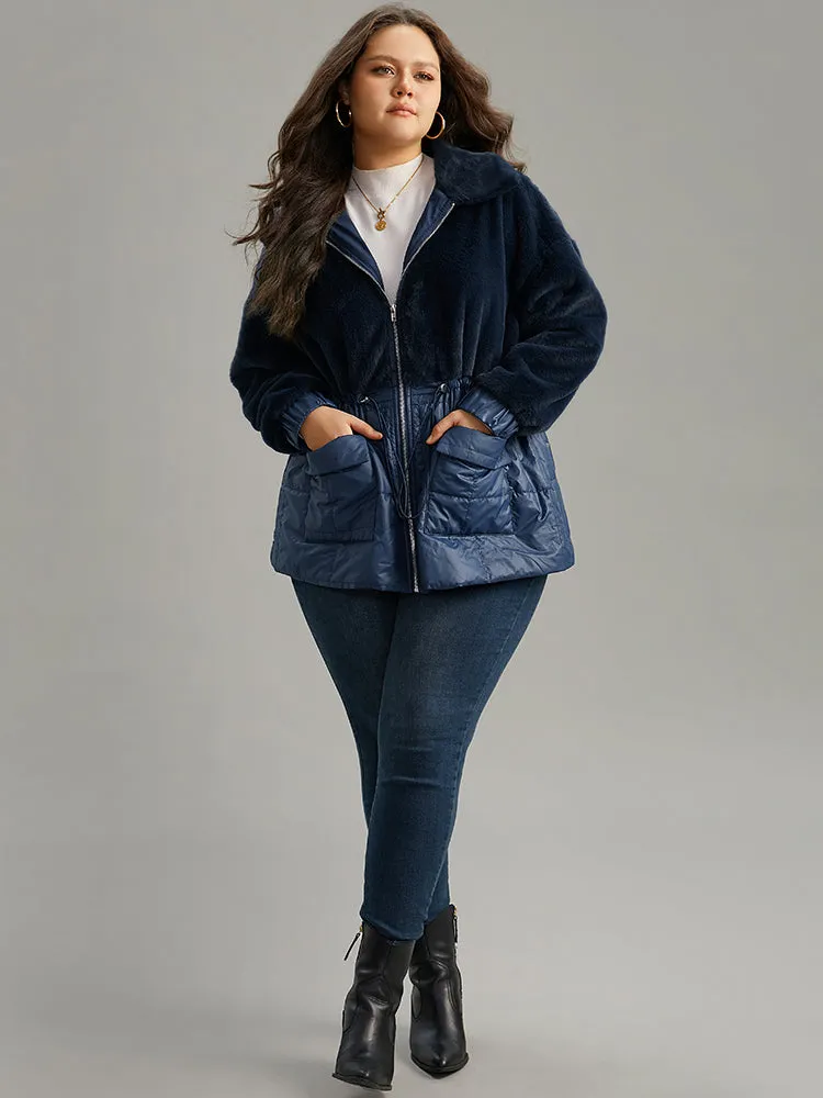 Fuzzy Patchwork Zipper Drawstring Coat