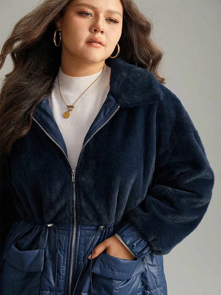 Fuzzy Patchwork Zipper Drawstring Coat