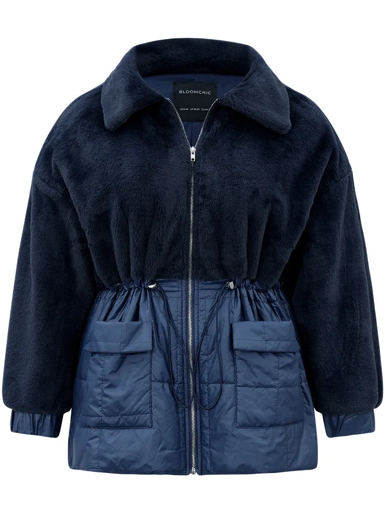 Fuzzy Patchwork Zipper Drawstring Coat