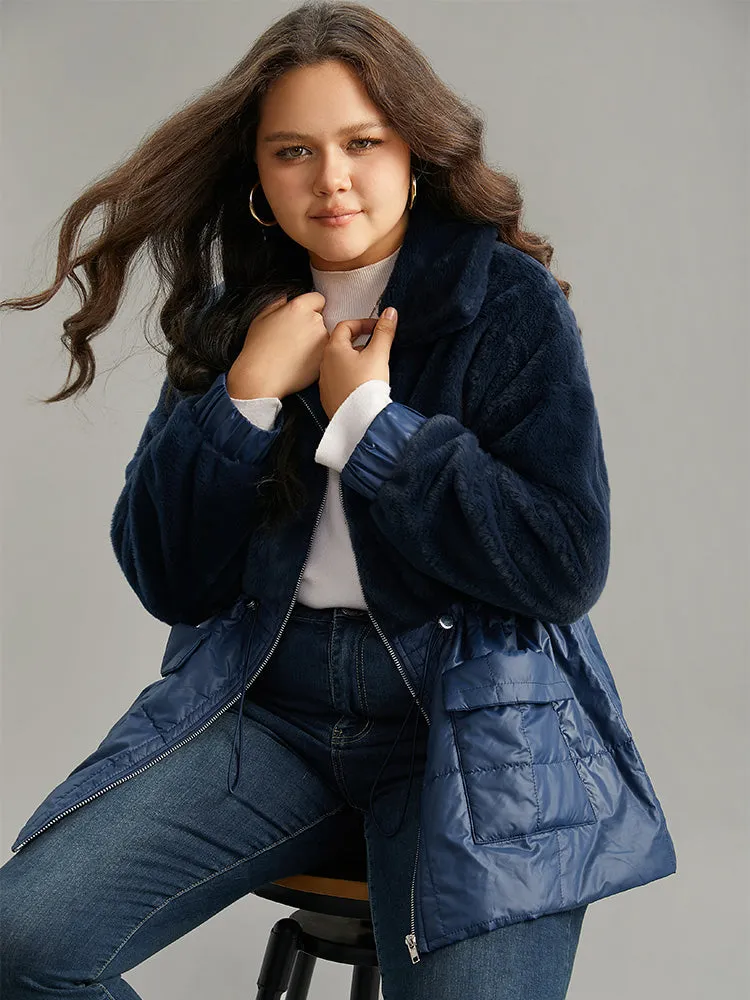 Fuzzy Patchwork Zipper Drawstring Coat