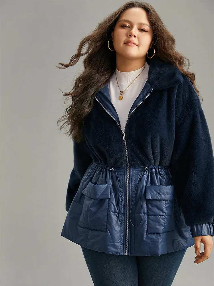 Fuzzy Patchwork Zipper Drawstring Coat