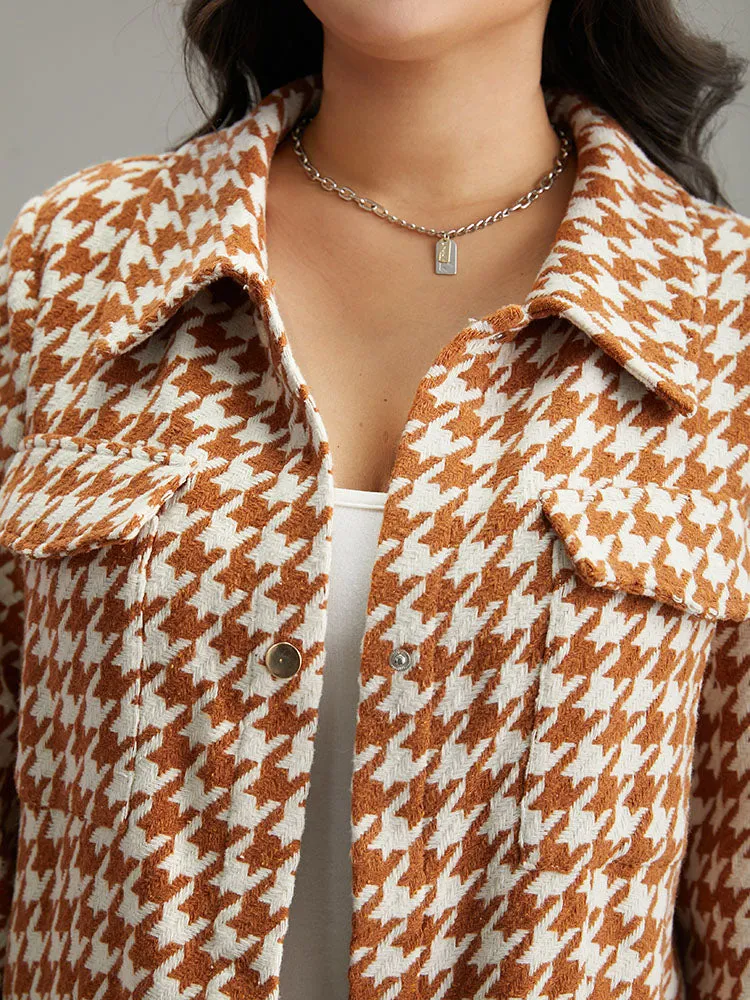 Houndstooth Lapel Collar Flap Detail Coat