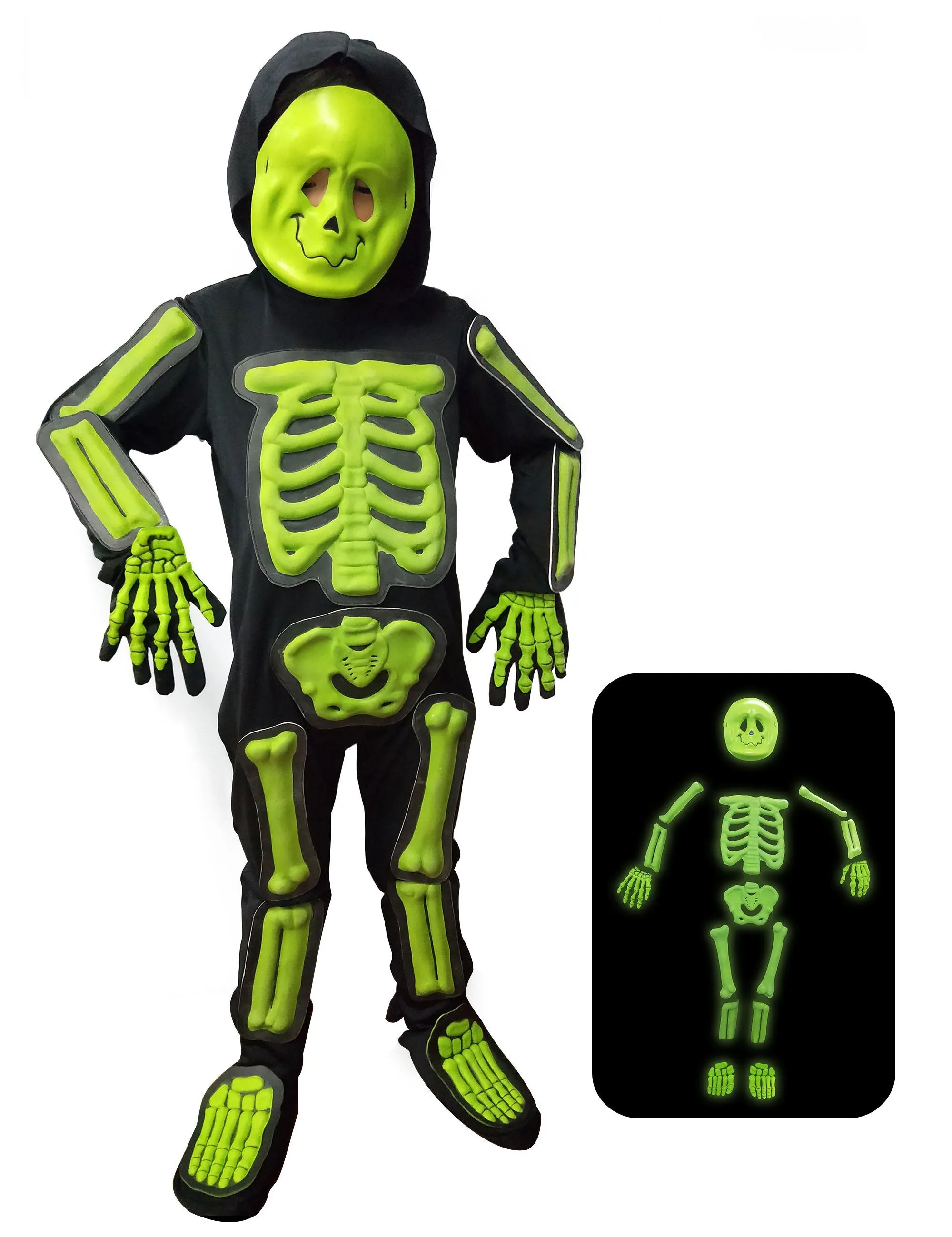 Kids Glow Skeleton Costume,Child Scary Bone Skull Outfit(6PCs)