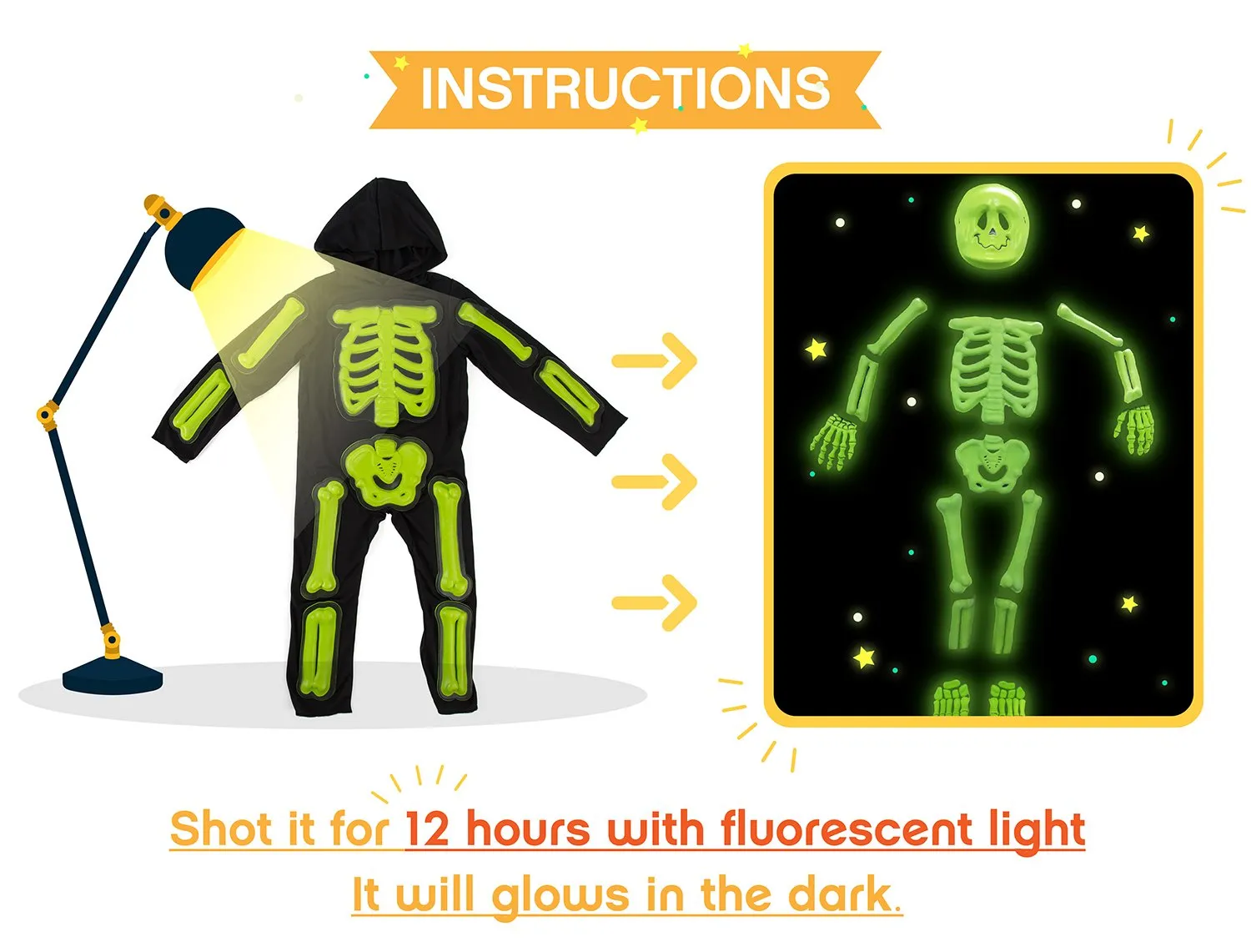 Kids Glow Skeleton Costume,Child Scary Bone Skull Outfit(6PCs)