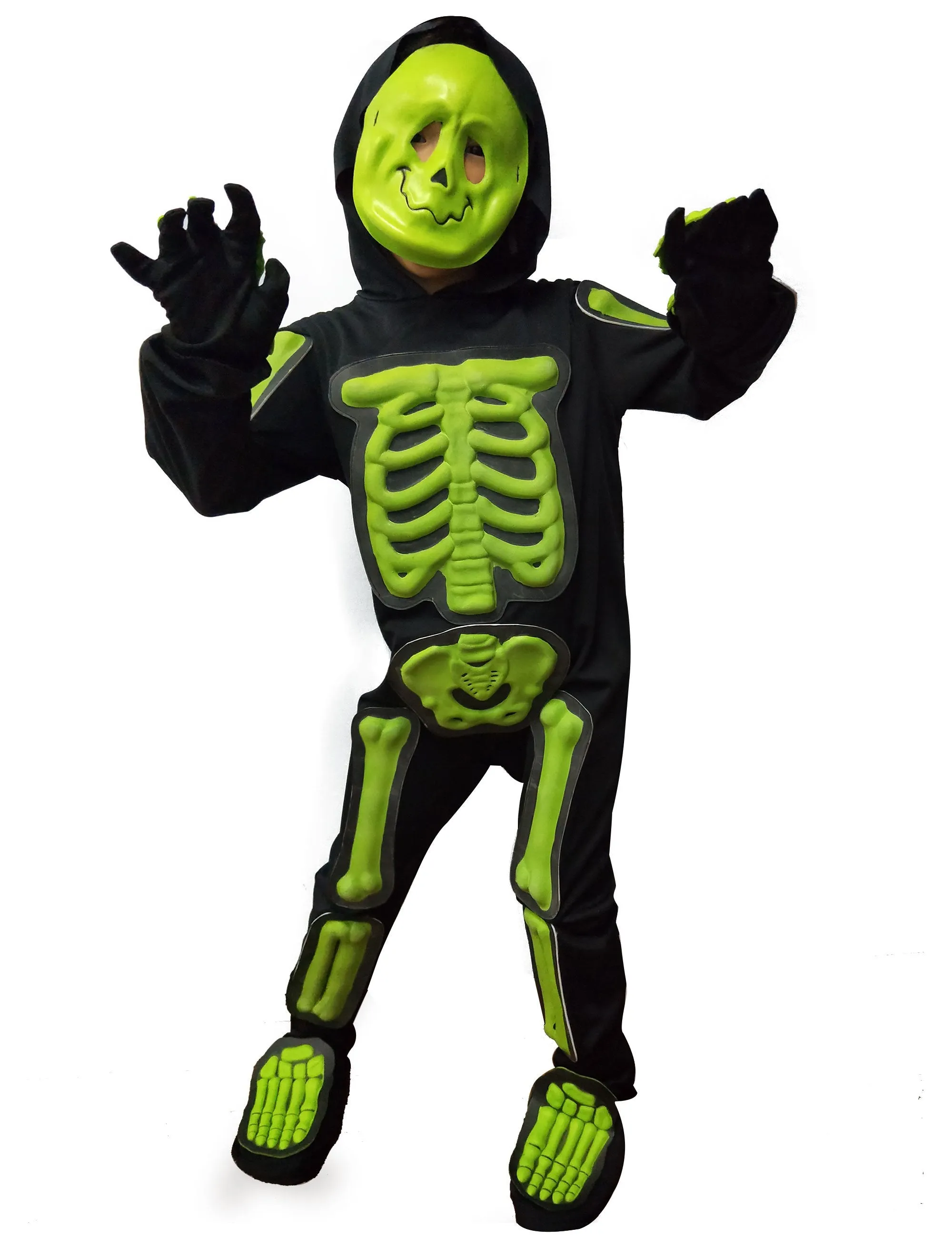 Kids Glow Skeleton Costume,Child Scary Bone Skull Outfit(6PCs)