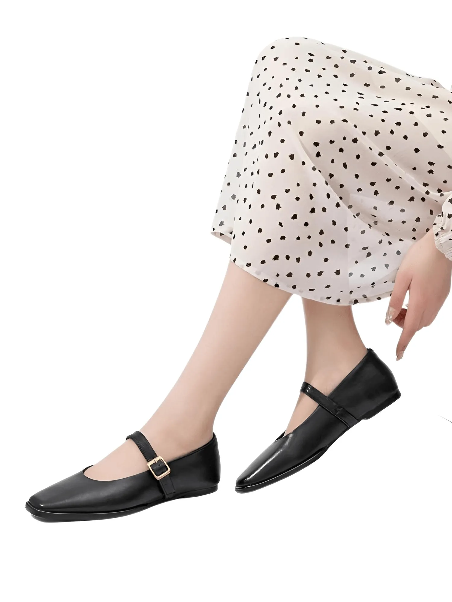 Mary Jane Shoes Women's Genuine Leather Ballet Flats Square Toe Flat Ladies Shoes