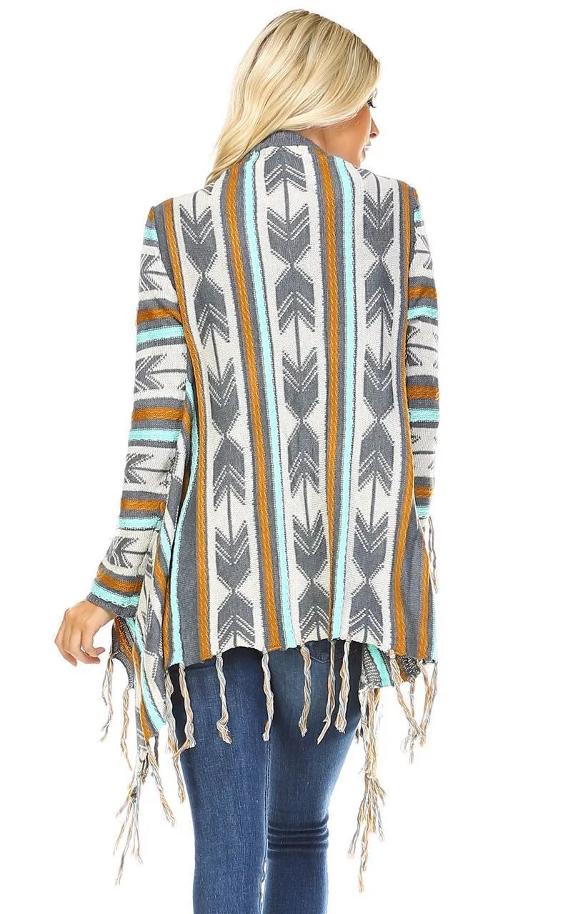 Open Front Oversized Fringe Cardigan with Gray Teal Orange Arrow