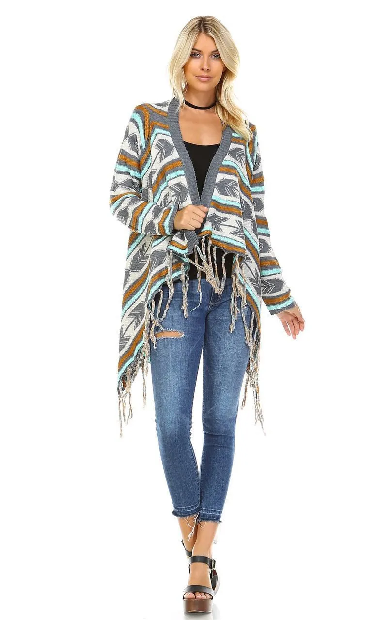 Open Front Oversized Fringe Cardigan with Gray Teal Orange Arrow