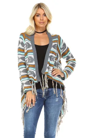 Open Front Oversized Fringe Cardigan with Gray Teal Orange Arrow