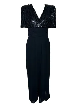 Opening Night 80s Black Sequin Ruched Waist Jumpsuit