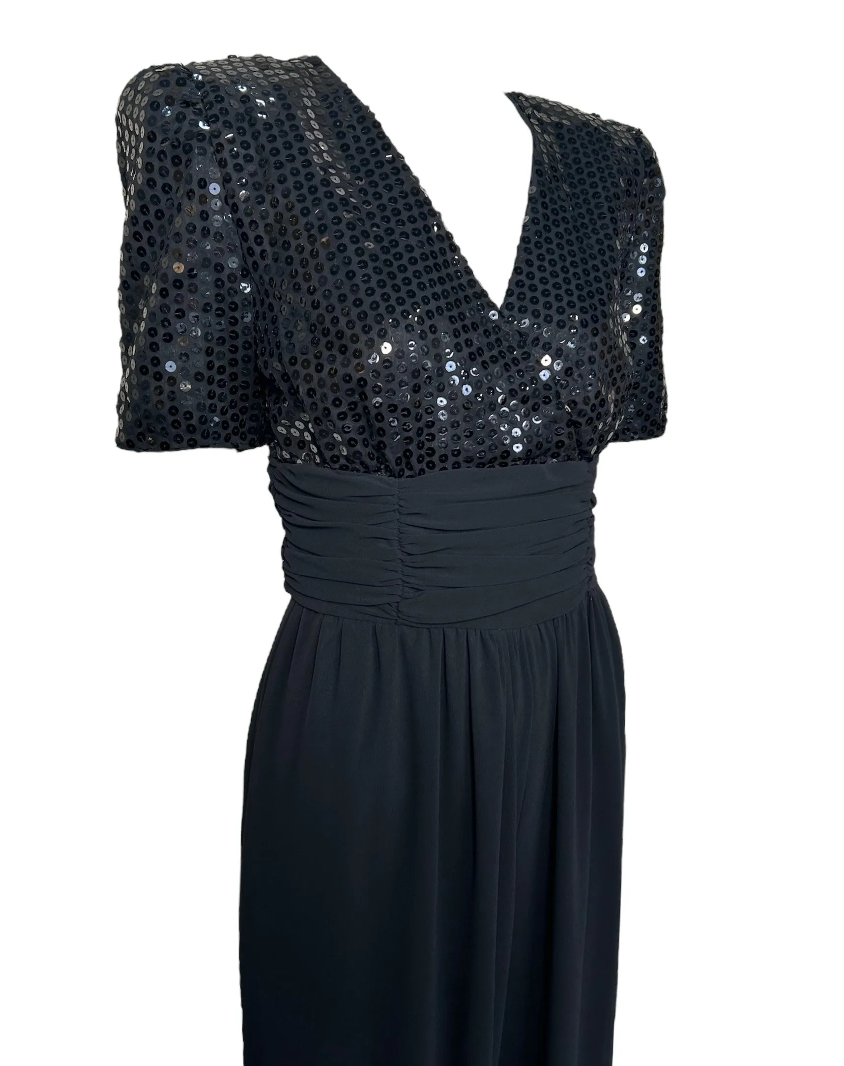 Opening Night 80s Black Sequin Ruched Waist Jumpsuit