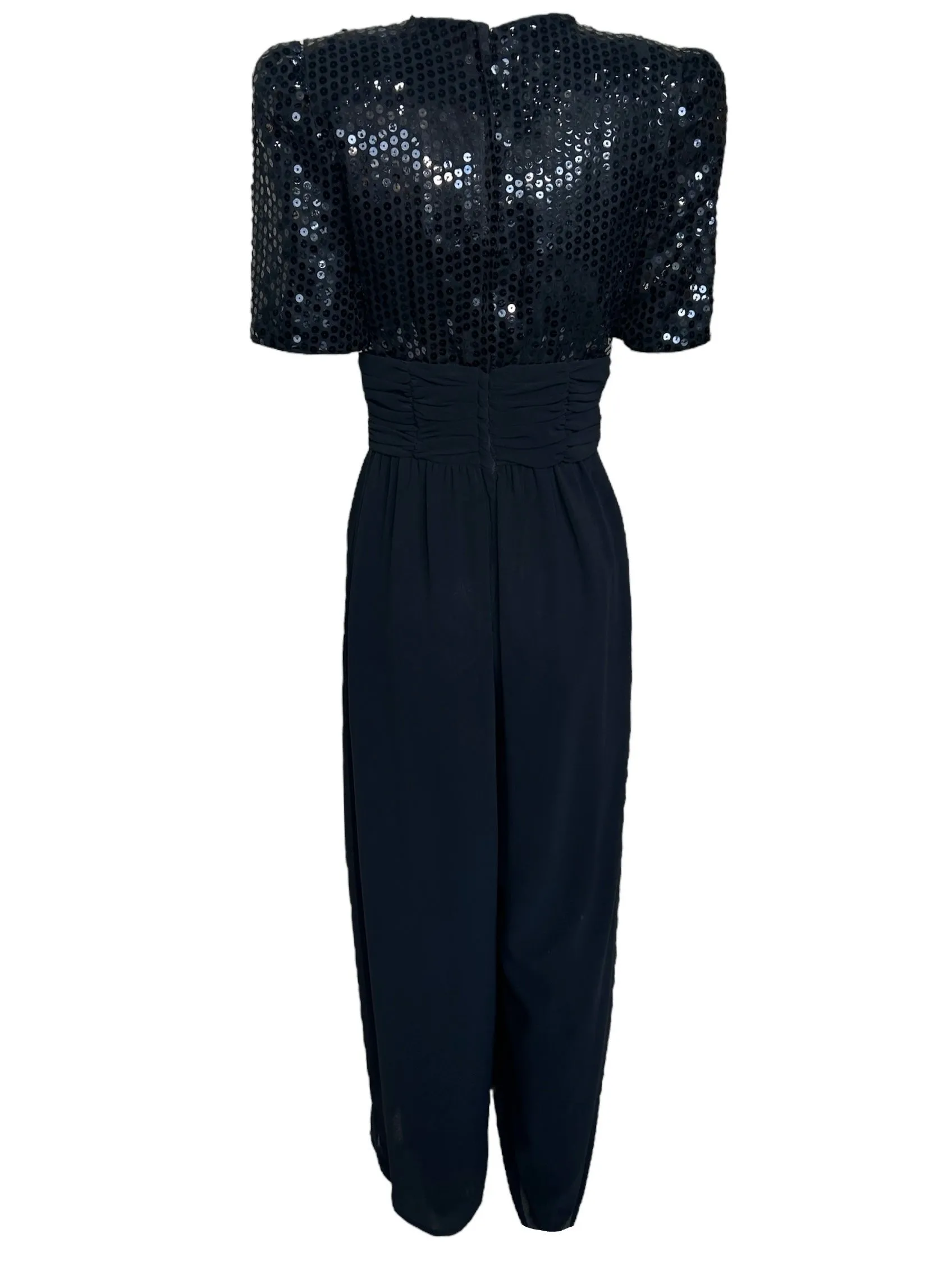 Opening Night 80s Black Sequin Ruched Waist Jumpsuit
