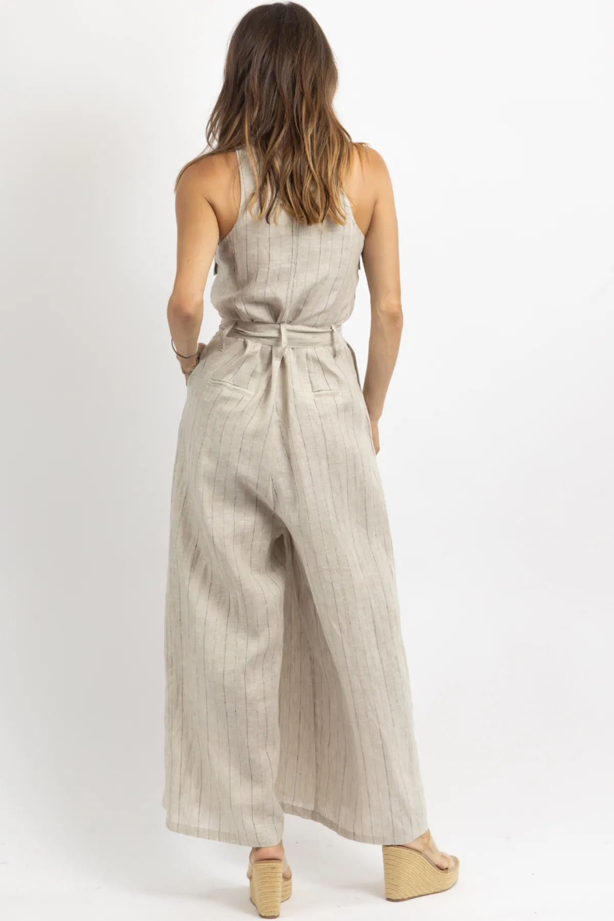 REVIVE LINEN PINSTRIPE JUMPSUIT