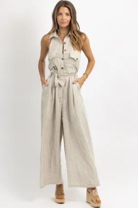REVIVE LINEN PINSTRIPE JUMPSUIT